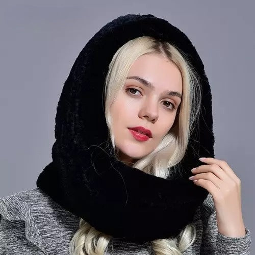 Women's genuine rabbit fur wrap scarf in multiway convertible style with plush hood design