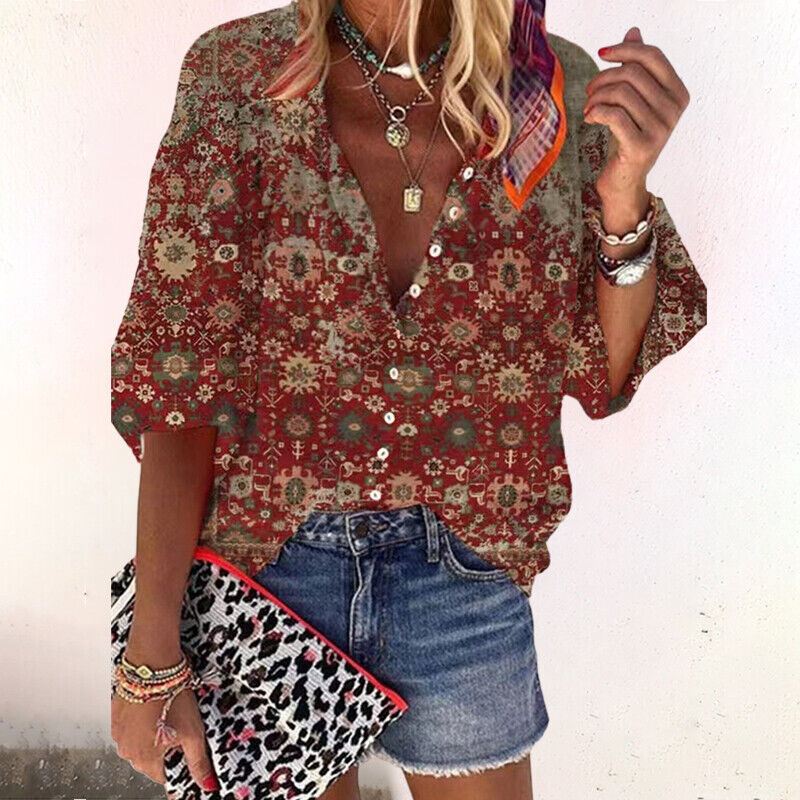 Zara | Women's Boho Print Blouse V-Neck Long Sleeve Button Down