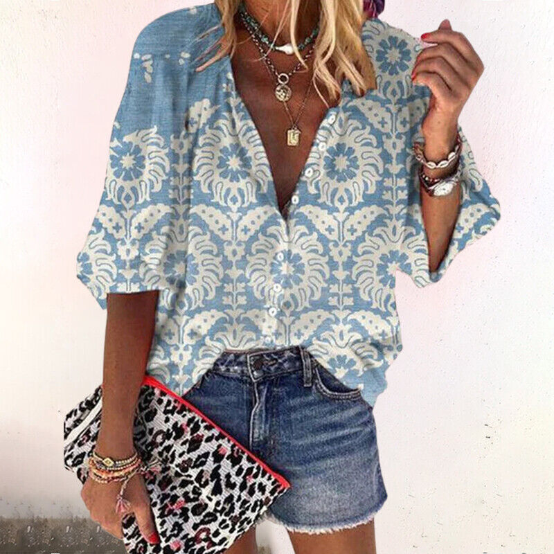 Zara | Women's Boho Print Blouse V-Neck Long Sleeve Button Down