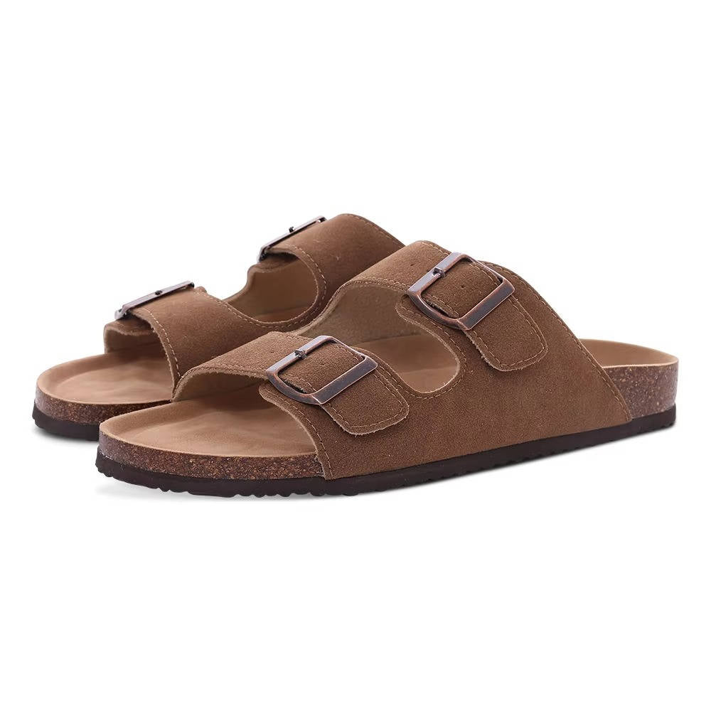 Cork footbed sandals with double buckle straps, neutral tones, unisex casual style with arch support