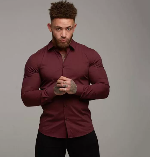 Men's slim fit long sleeve dress shirt with button-down collar, versatile formal casual style