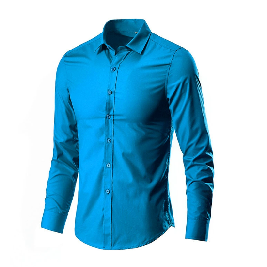 Men's slim fit long sleeve dress shirt with button-down collar, tailored silhouette for formal wear