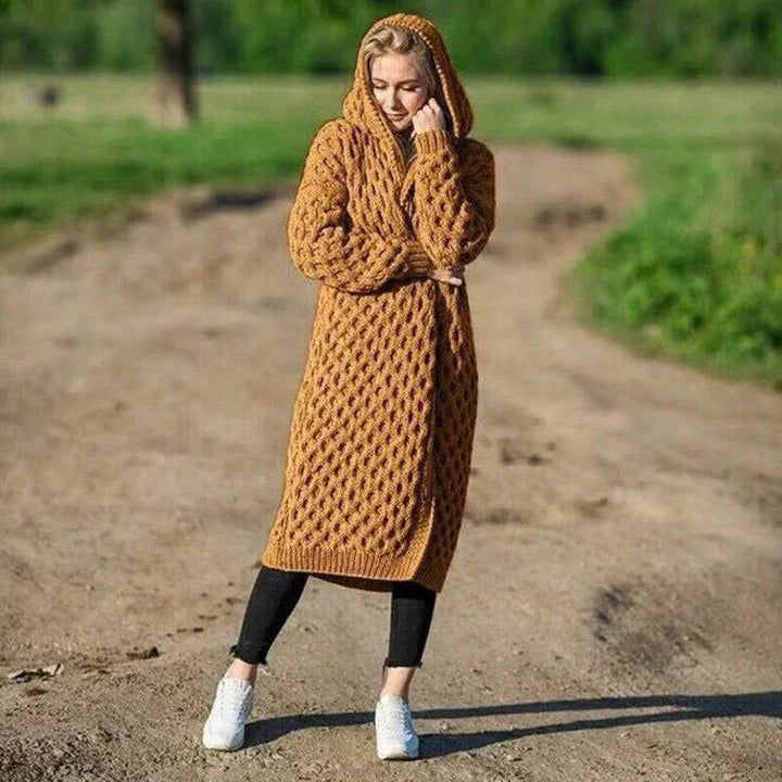 Women's chunky cable knit hooded cardigan relaxed fit long open front cozy layering sweater