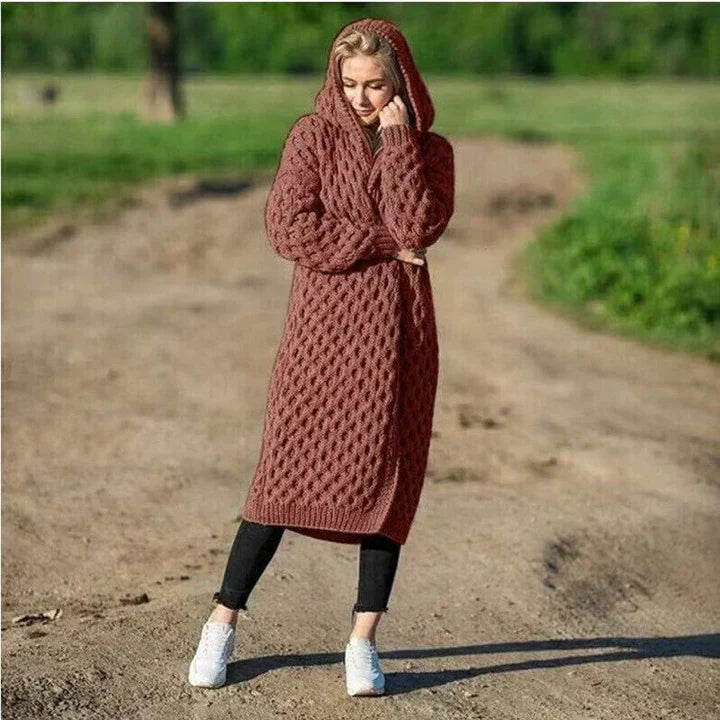 Women's chunky cable knit hooded cardigan relaxed fit long open front cozy layering piece