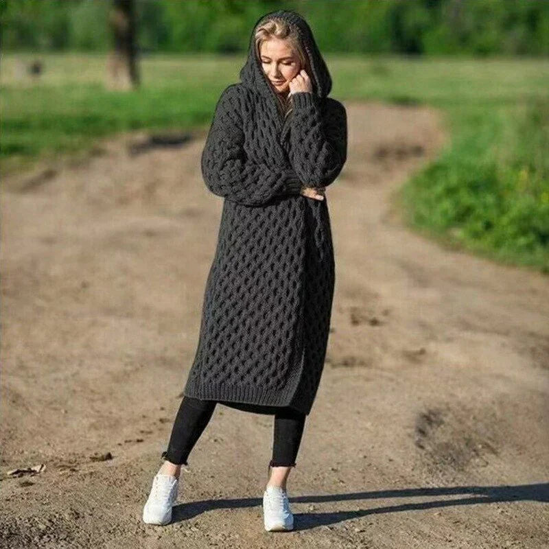 Women's chunky cable knit hooded cardigan relaxed open-front long cozy layering sweater