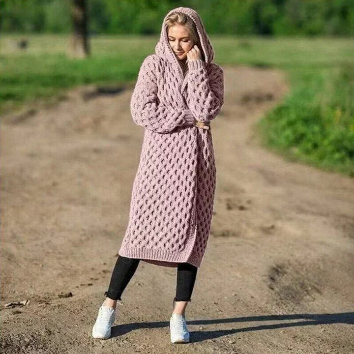 Women's chunky cable knit hooded cardigan relaxed fit long open front cozy layering piece