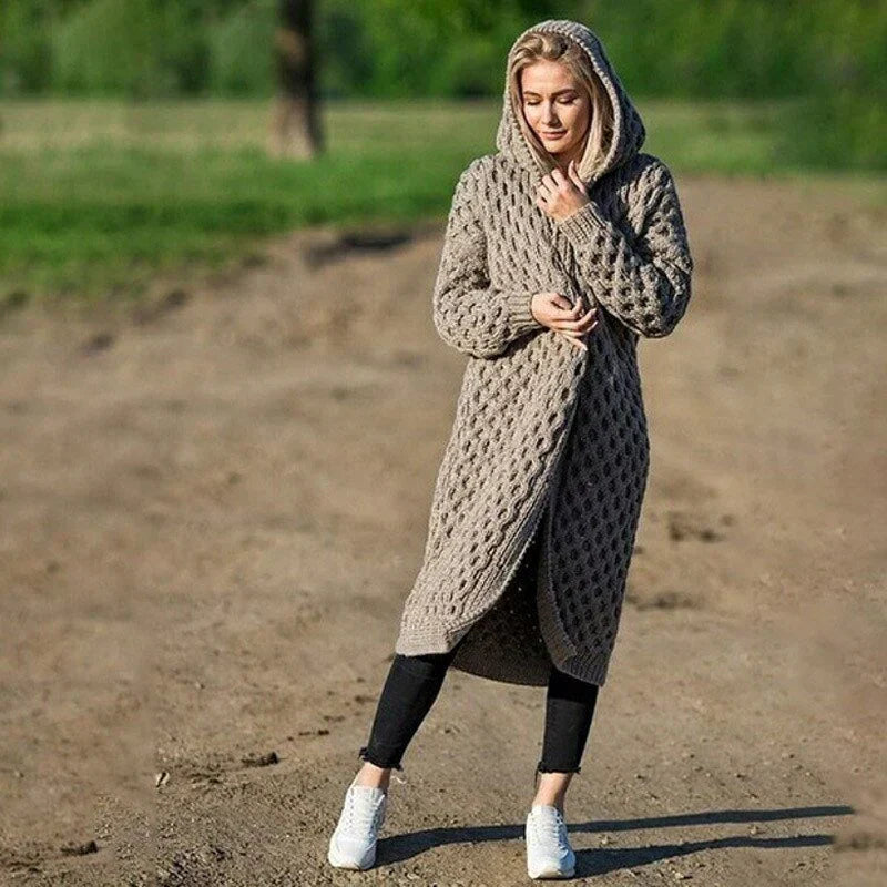 Women's chunky cable knit hooded cardigan relaxed fit long open front cozy layering sweater