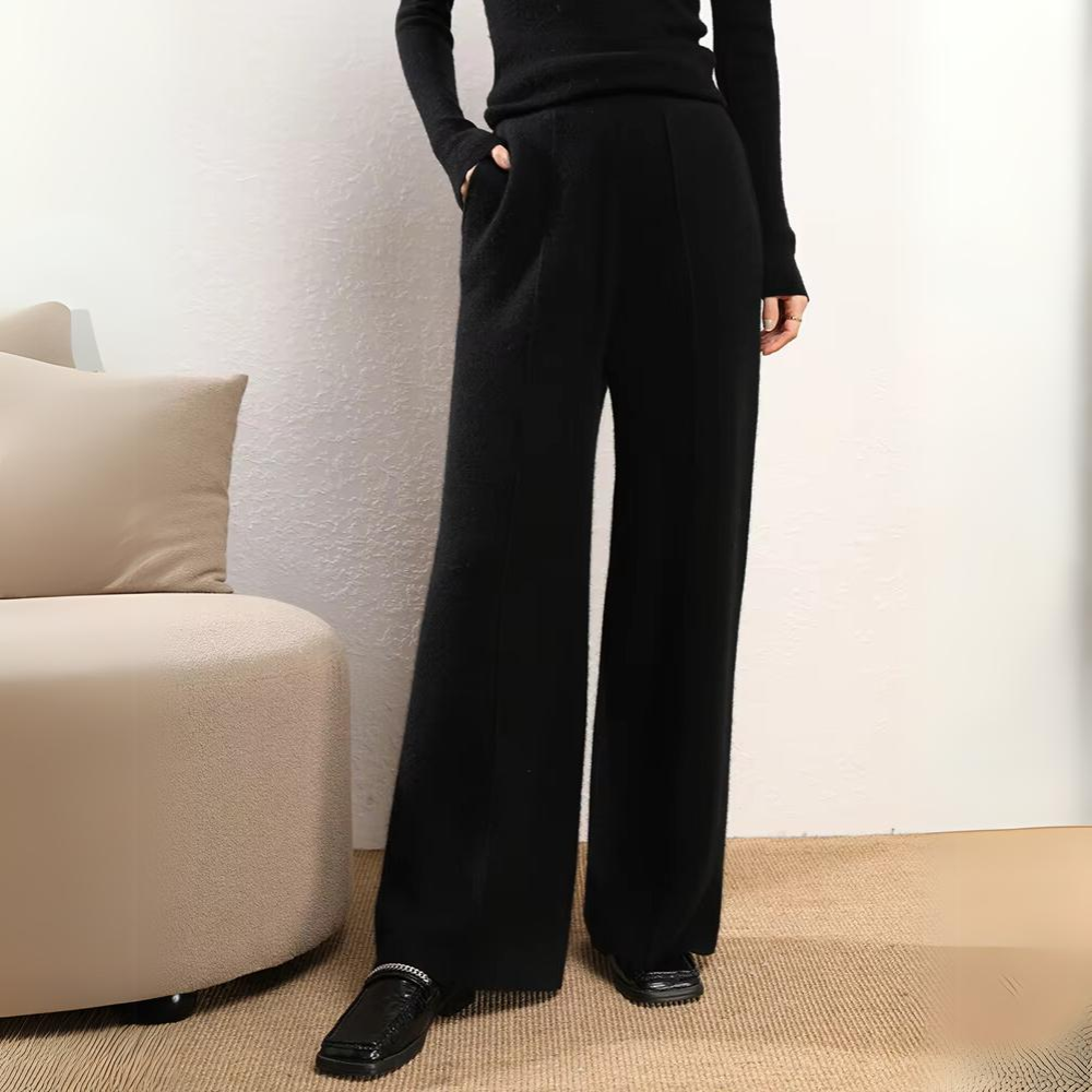 Women's wool cashmere wide-leg knit pants in neutral tone, relaxed silhouette with luxurious soft texture