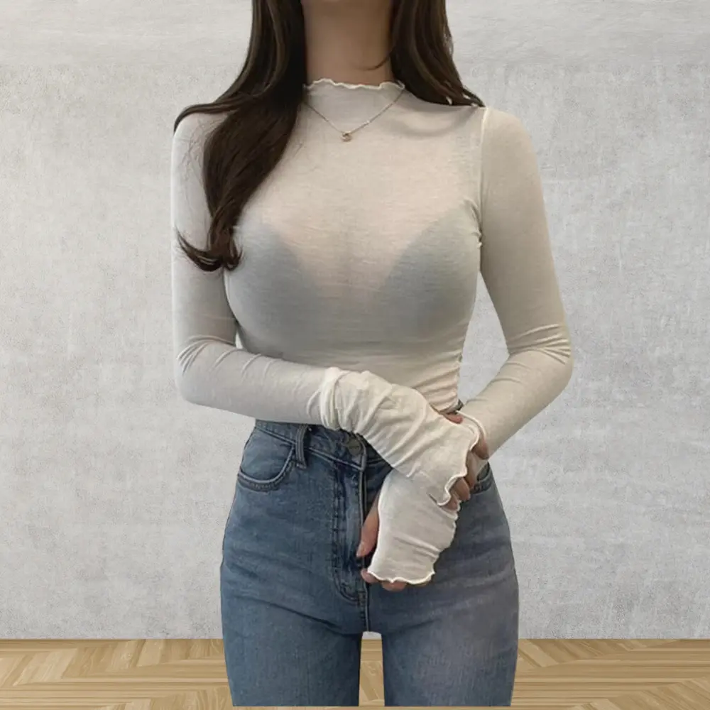Women's sheer ruffled turtleneck top black see-through stretch fabric with delicate ruffle collar detail