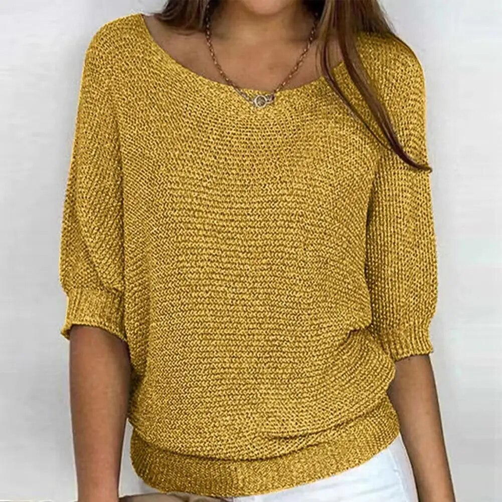 Women's loose knit sweater half sleeves relaxed fit wide neckline casual airy layering piece