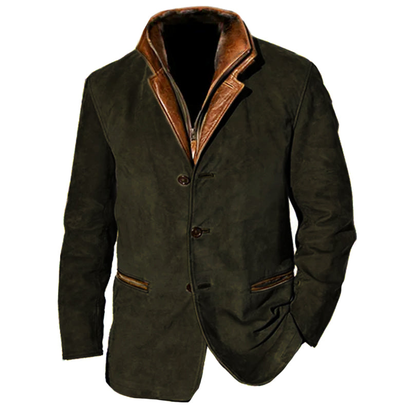 Men's brown suede tailored fit jacket with notch lapel and button closure Nordic urban style