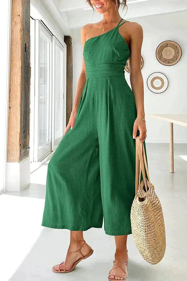 Women's one-shoulder cropped wide-leg jumpsuit fitted waist breathable cotton effortless chic style