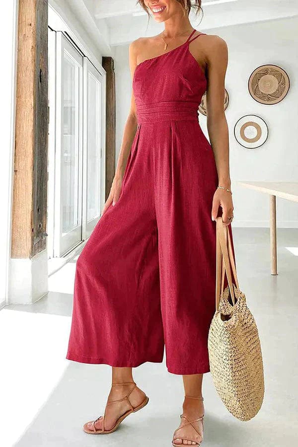 Women's one-shoulder cropped wide-leg jumpsuit with fitted waist in breathable cotton chic style