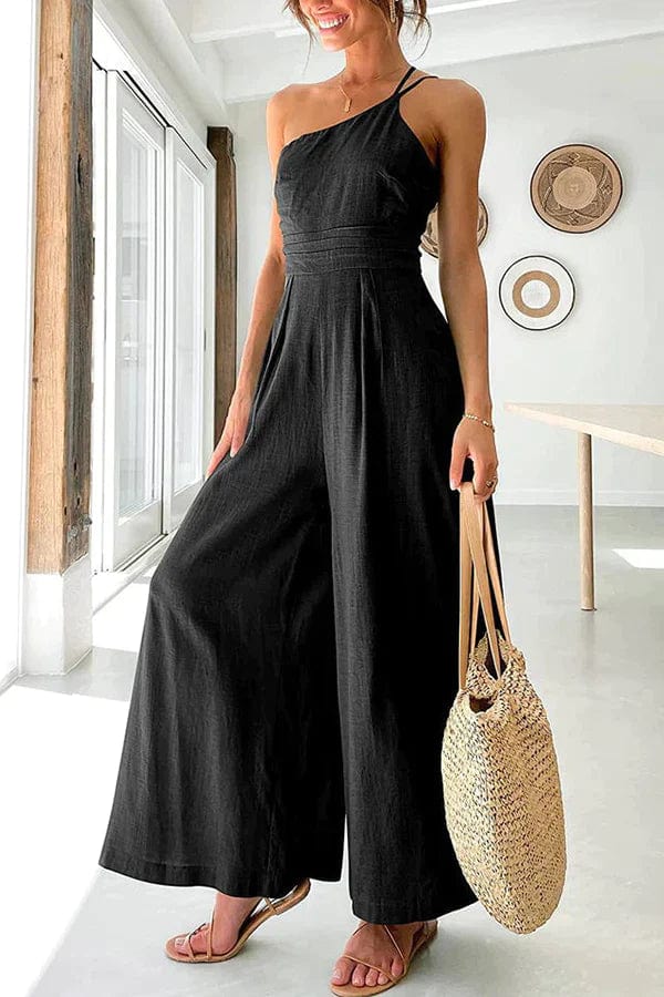 Women's one-shoulder jumpsuit fitted waist cropped wide-leg cotton breathable chic silhouette