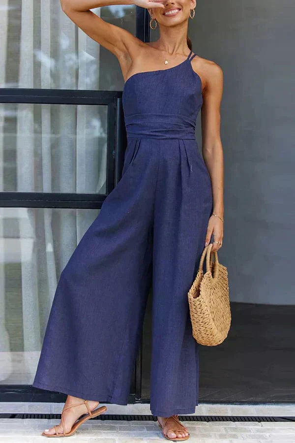 Women's one-shoulder cropped wide-leg jumpsuit with fitted waist in breathable cotton chic silhouette