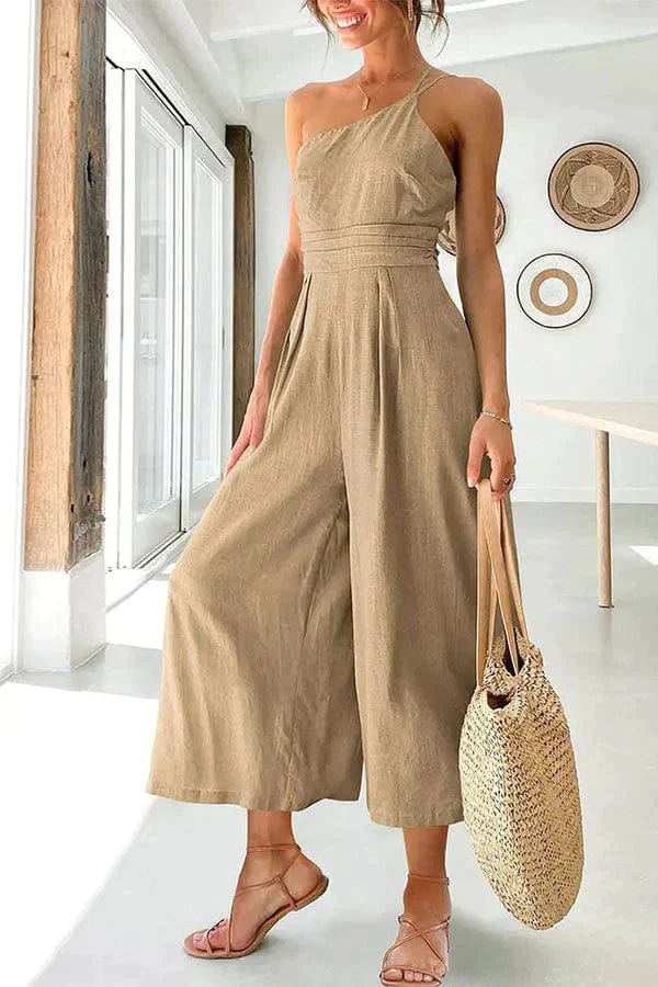 Women's one-shoulder cropped wide-leg jumpsuit fitted waist breathable cotton chic silhouette