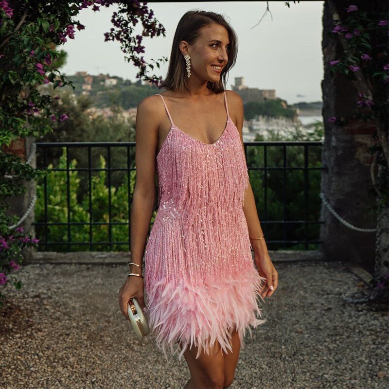 Women's black mini dress spaghetti straps fringe feather trim hem sleeveless party glam silhouette