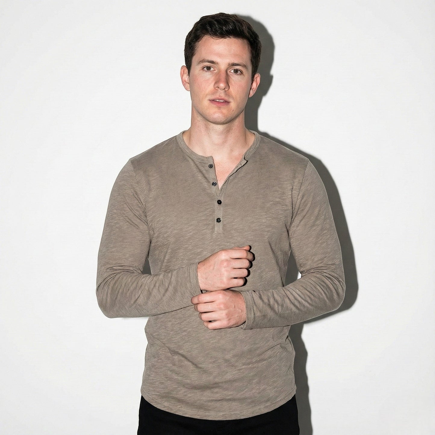 Samuel men's long sleeve button-front Henley shirt relaxed fit casual everyday style