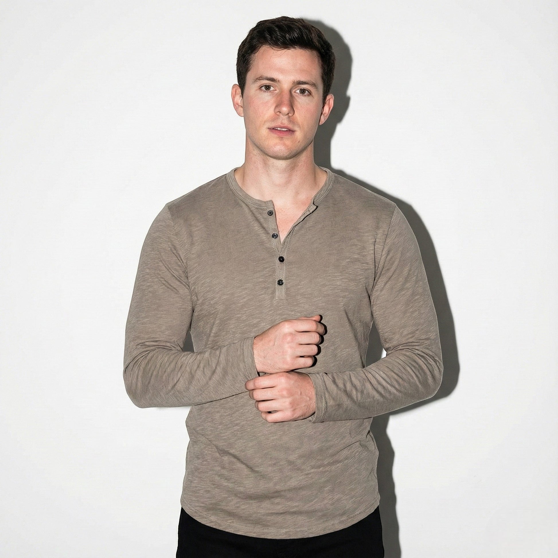 Samuel men's long sleeve button-front Henley shirt relaxed fit casual everyday style