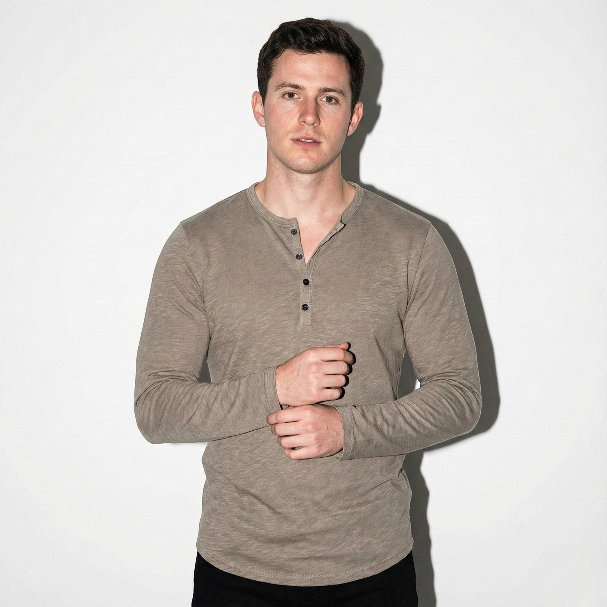 Samuel men's long sleeve button-front Henley shirt relaxed fit casual everyday style