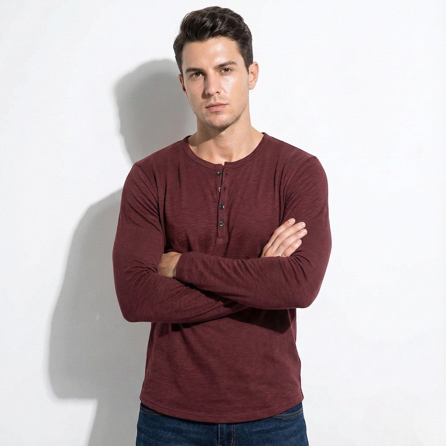 Men's long sleeve button-front Henley shirt relaxed silhouette classic everyday casual style