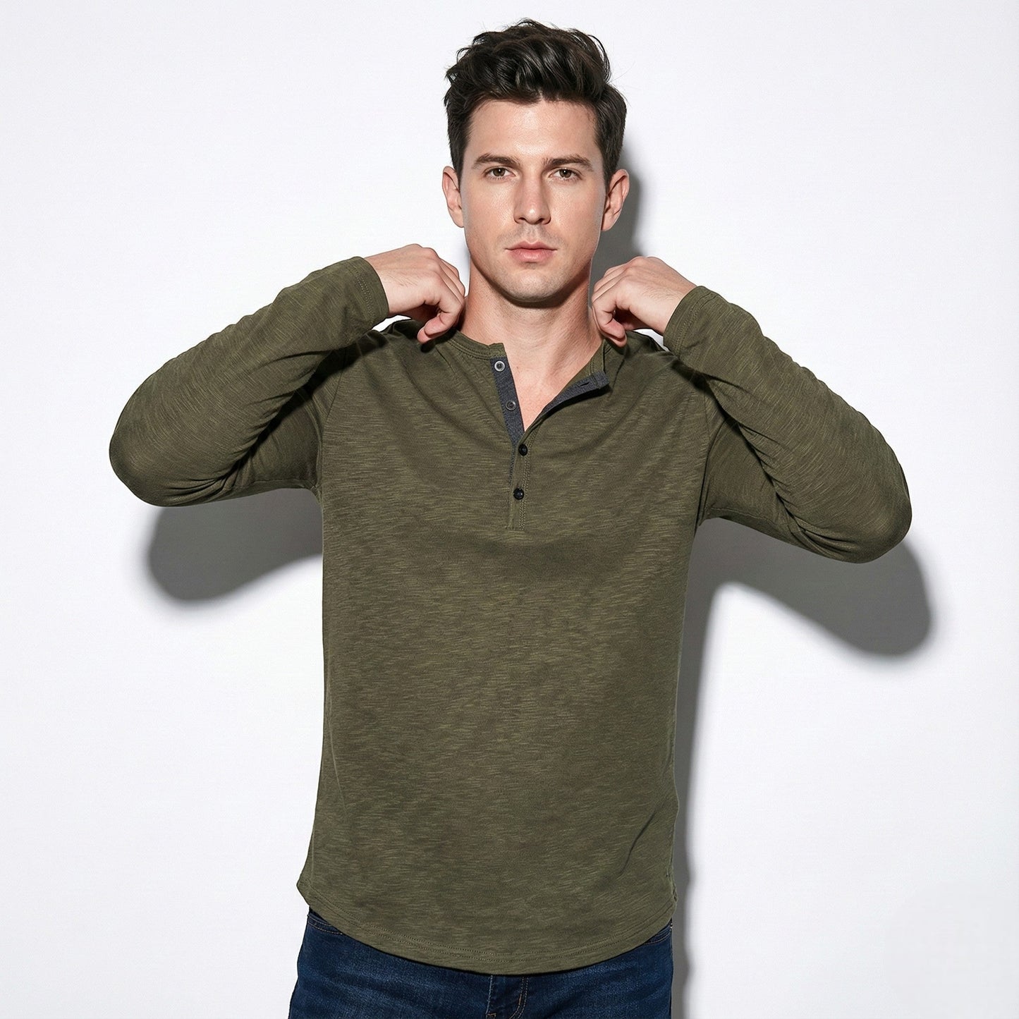 Samuel men's white long sleeve button-front Henley shirt relaxed silhouette everyday casual style