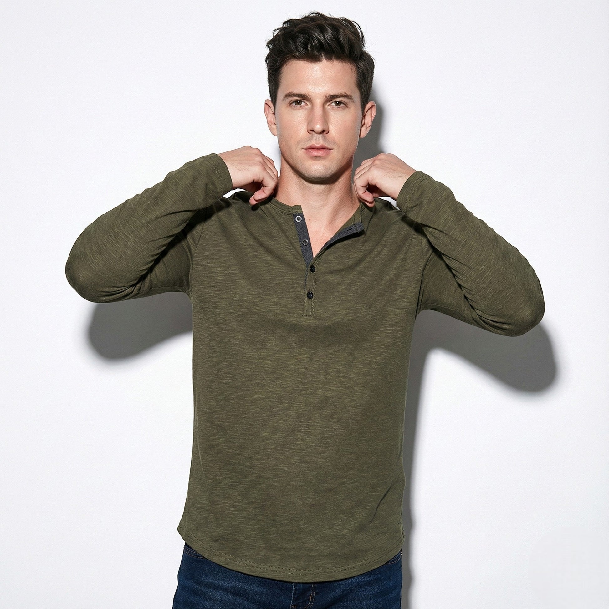 Samuel men's white long sleeve button-front Henley shirt relaxed silhouette everyday casual style