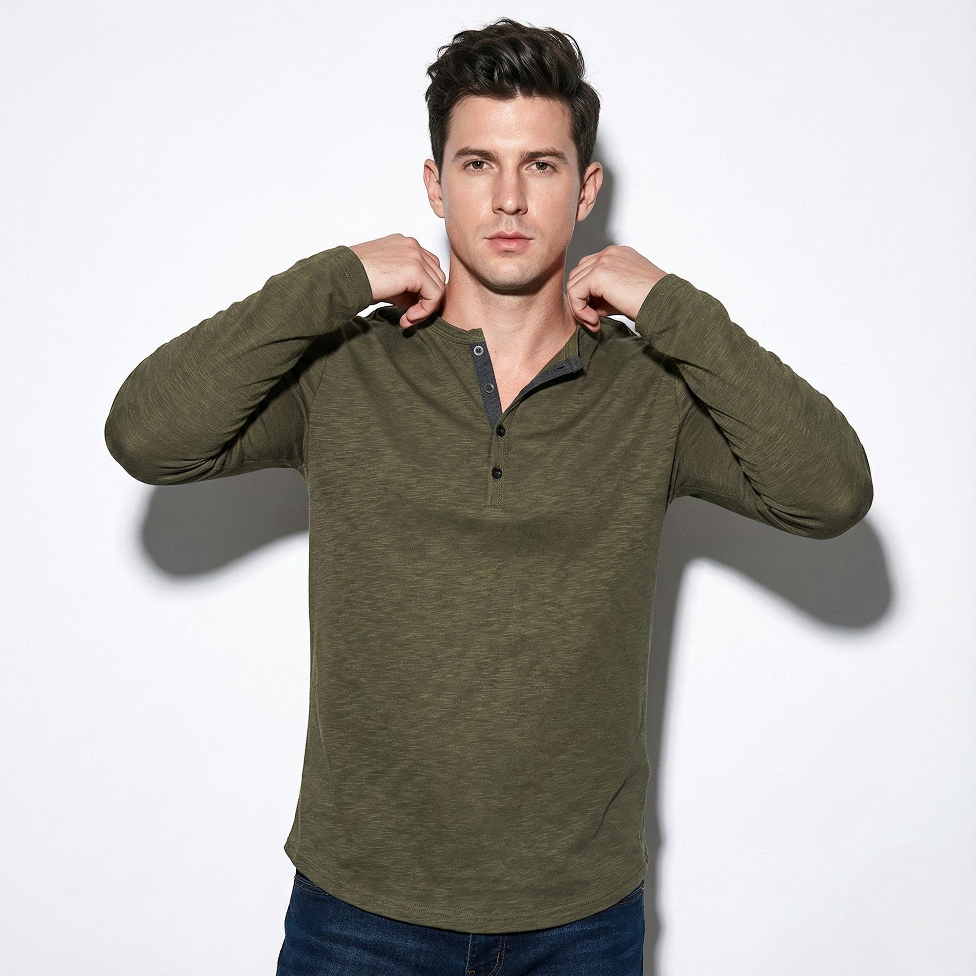 Samuel men's white long sleeve button-front Henley shirt relaxed silhouette everyday casual style