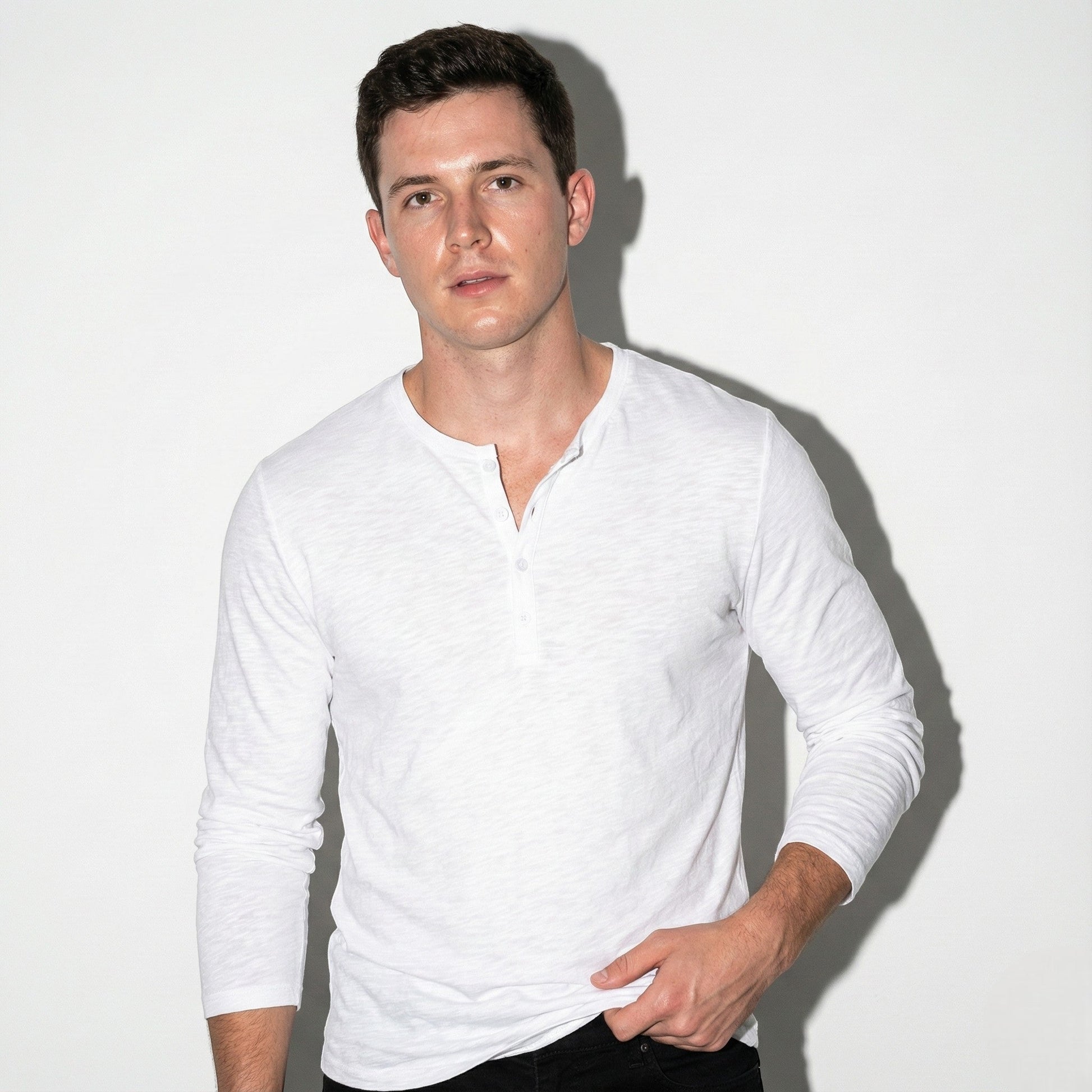 Men's long sleeve button-front Henley shirt relaxed silhouette timeless casual everyday style