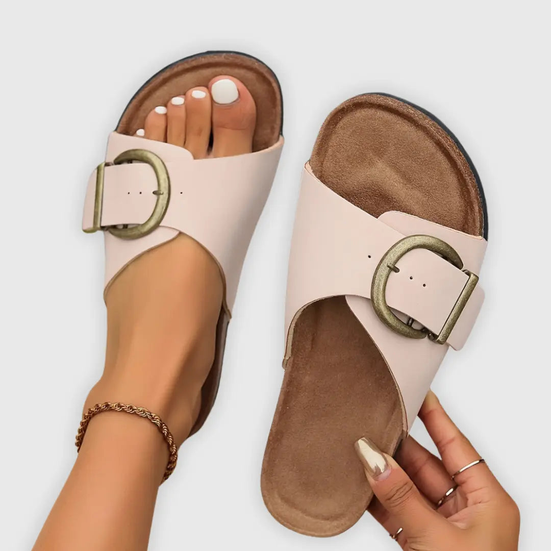 Women casual slip-on buckle sandals with padded insole, lightweight comfort, everyday style