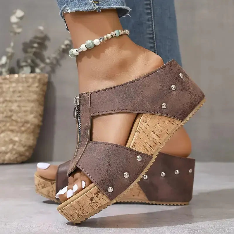 Lena beige orthopedic wedge sandals with cushioned arch support and lightweight cork sole