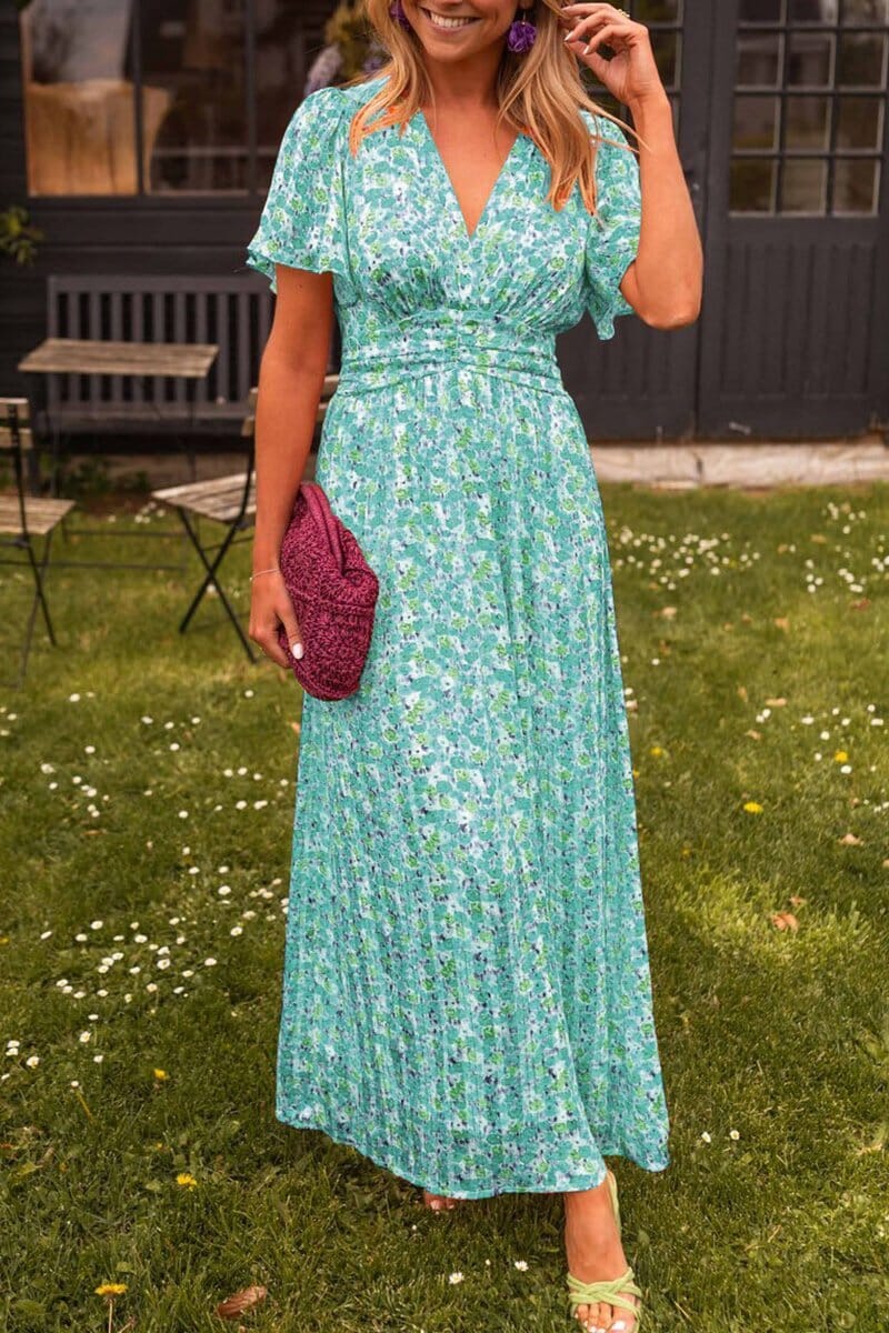Floral maxi dress women deep V-neckline flutter sleeves lightweight fabric flattering silhouette weddings