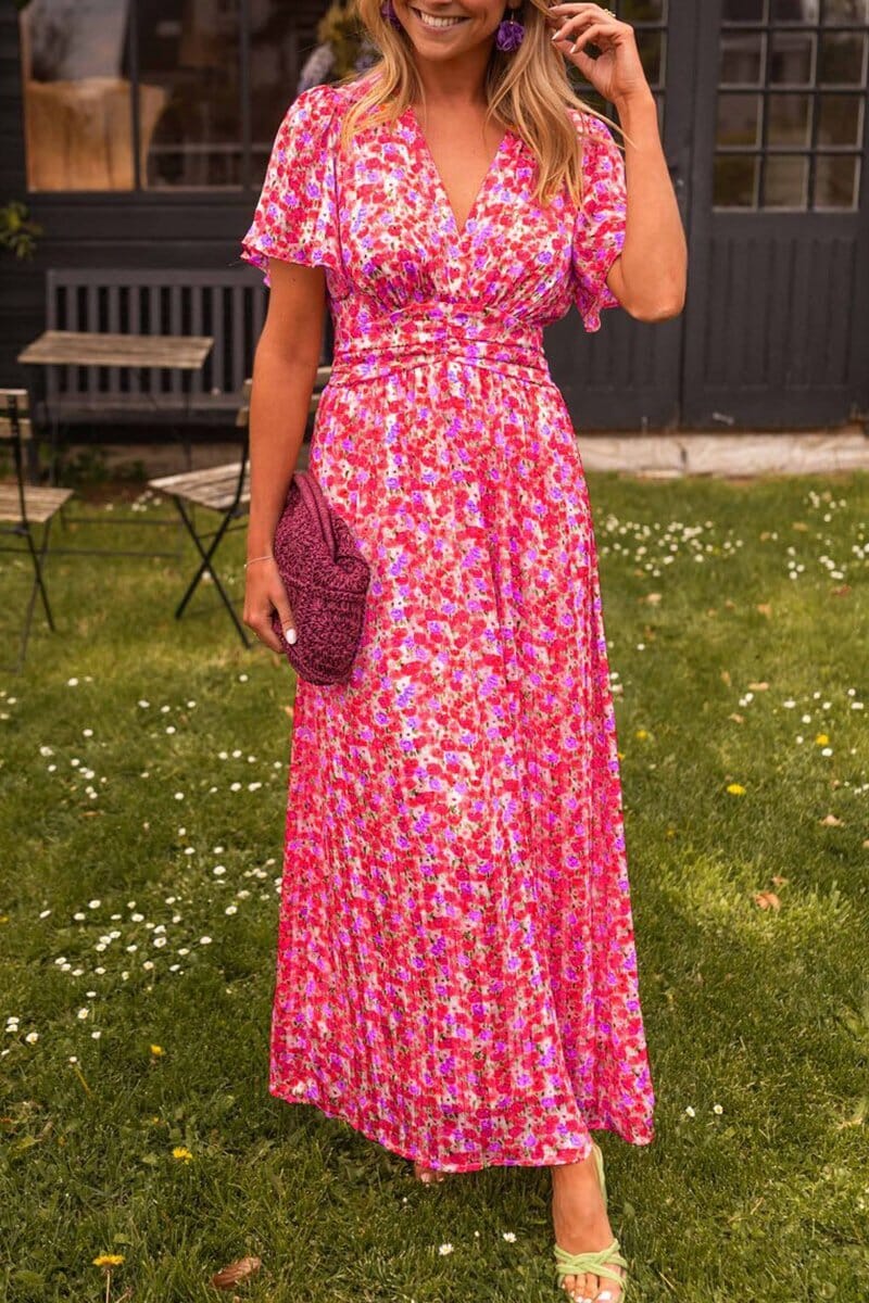 Women's floral maxi dress flutter sleeves ruched waist micro floral print breezy V-neckline silhouette