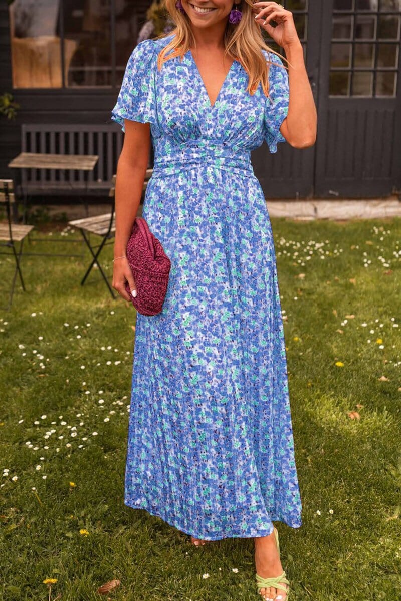 Women's floral maxi dress flutter sleeves ruched waist micro floral print breezy V-neckline