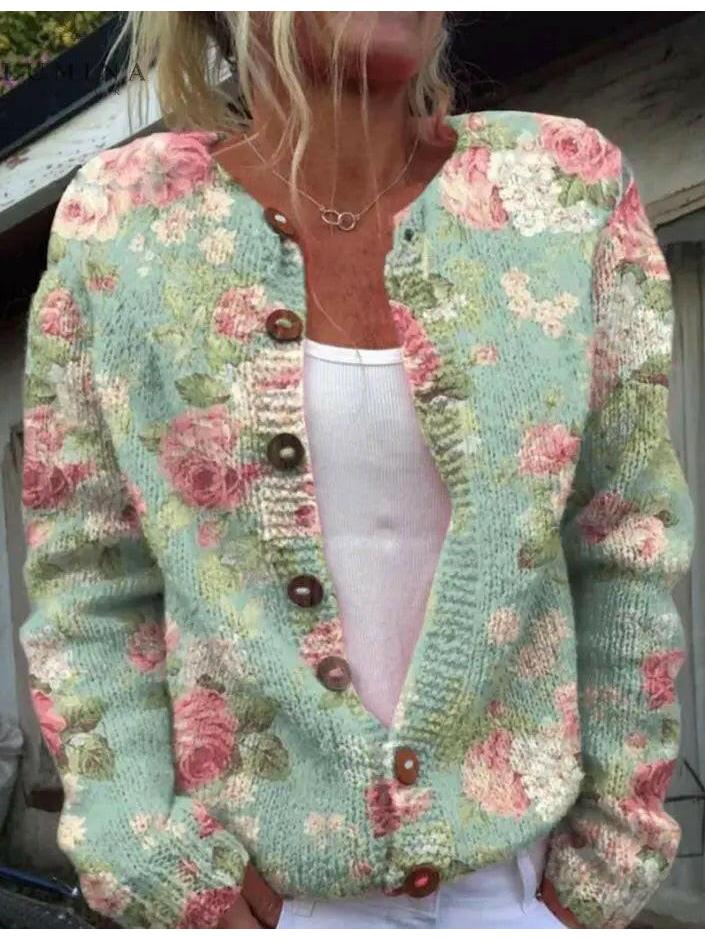 Women's floral print soft knit cardigan elegant versatile layering piece with sophisticated pattern