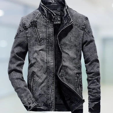 Men's blue cotton denim jacket relaxed fit with classic layering design for casual everyday style