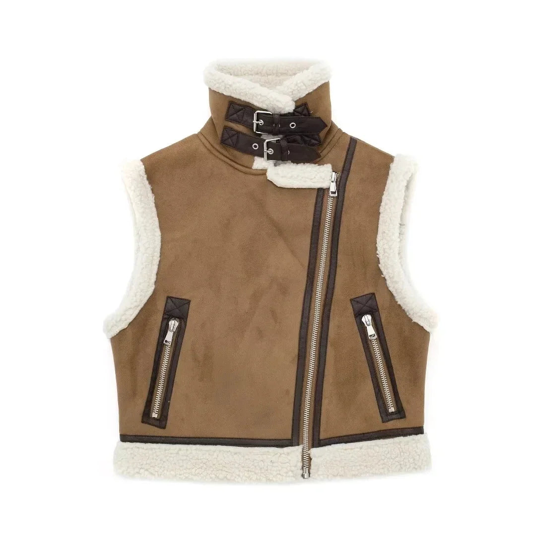 Women's asymmetrical zip-up vest with stand-up buckle collar, sleek modern cut, practical side pockets