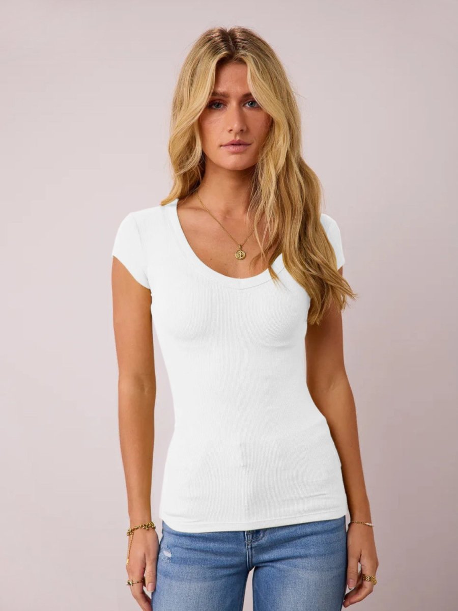 Women's scoop neck cap sleeve t-shirt soft stretch everyday essential versatile layering top