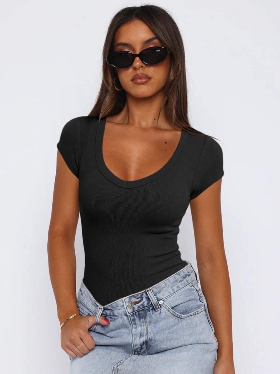 Women's scoop neck cap sleeve t-shirt soft stretch modern fit versatile layering essential