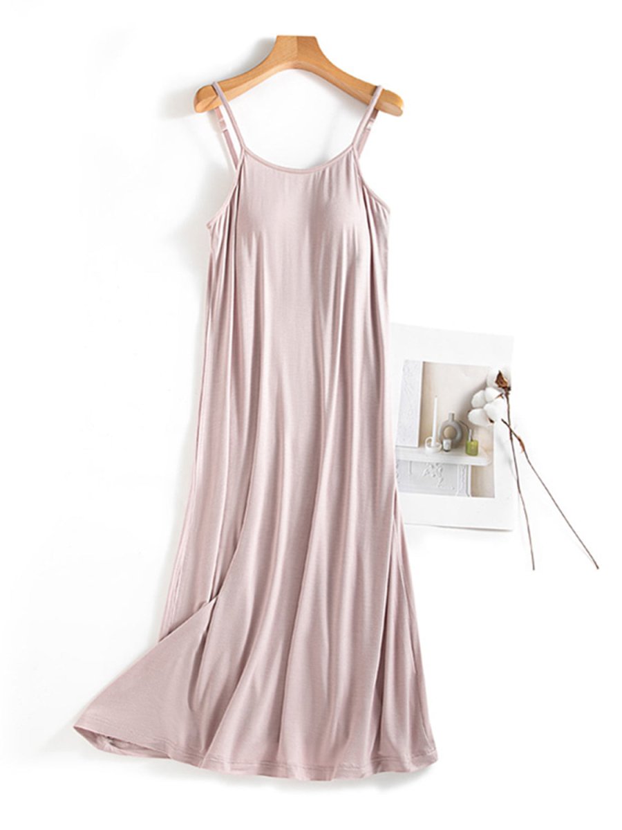 Beige scoop neck midi cami dress with built-in bra, sleek modern silhouette for women