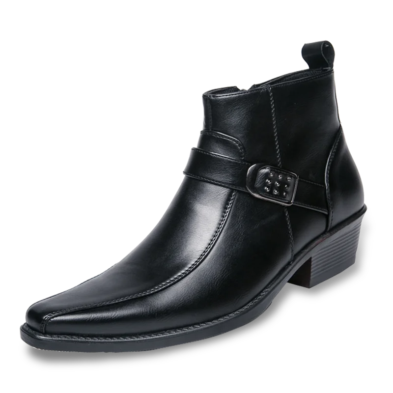 Men's black pointed toe ankle boots with side buckle accent, sleek modern silhouette for sharp style