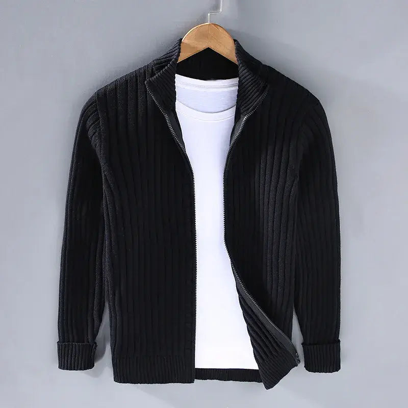 Aurelian slim fit ribbed zip cardigan with stand collar and soft cotton-blend knit texture