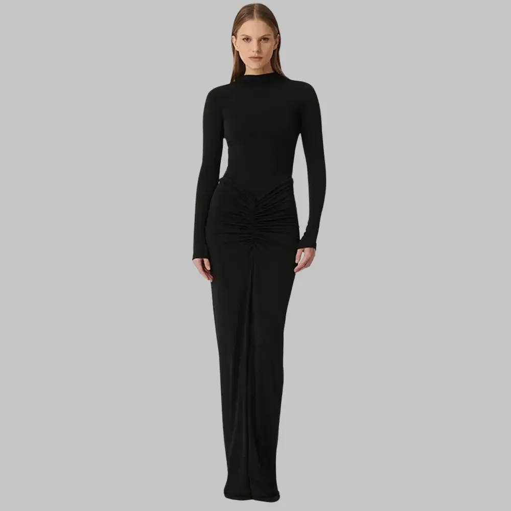 Selene high-waisted pleated maxi dress with long sleeves, elegant flowing silhouette for formal occasions