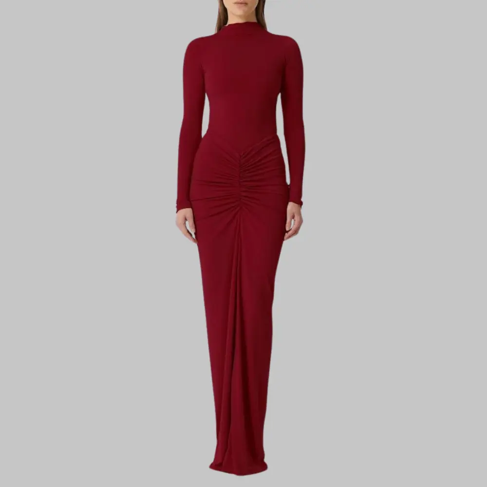 Selene black high-waisted pleated maxi dress with long sleeves and flowing pleats for formal occasions