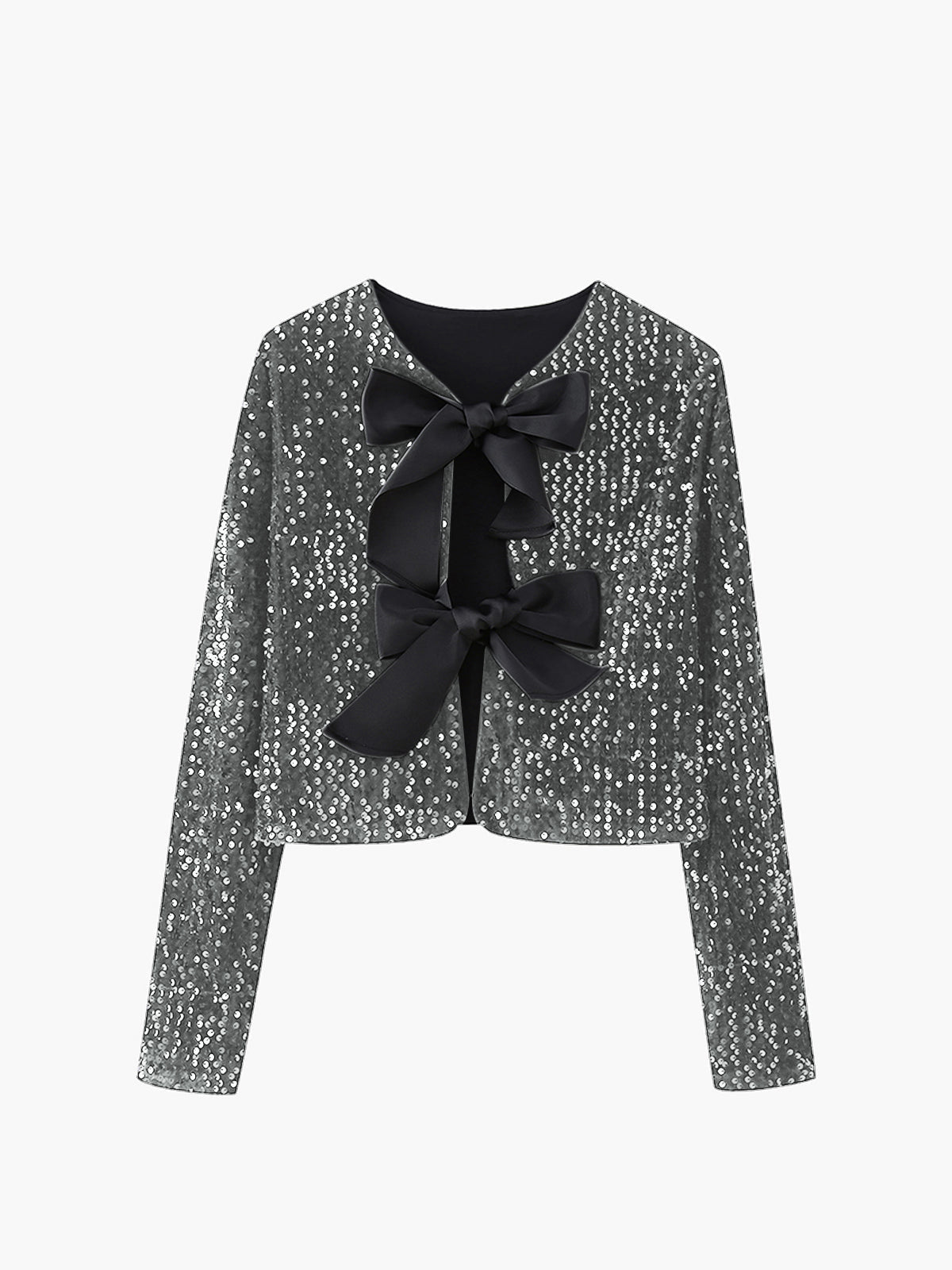 Women's black sequined velvet jacket with bowknot detail, short glamorous party fit