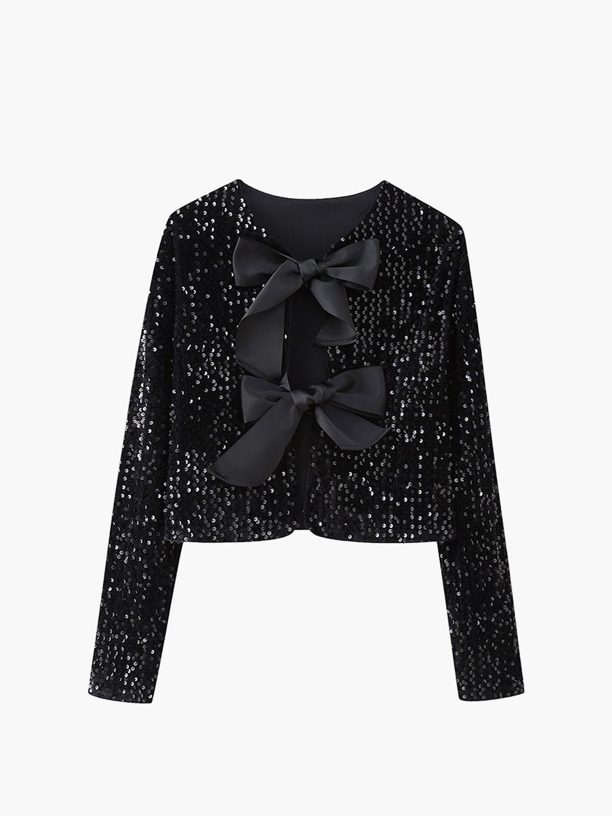 Women's black sequined velvet jacket with bowknot detail, short glamorous party fit