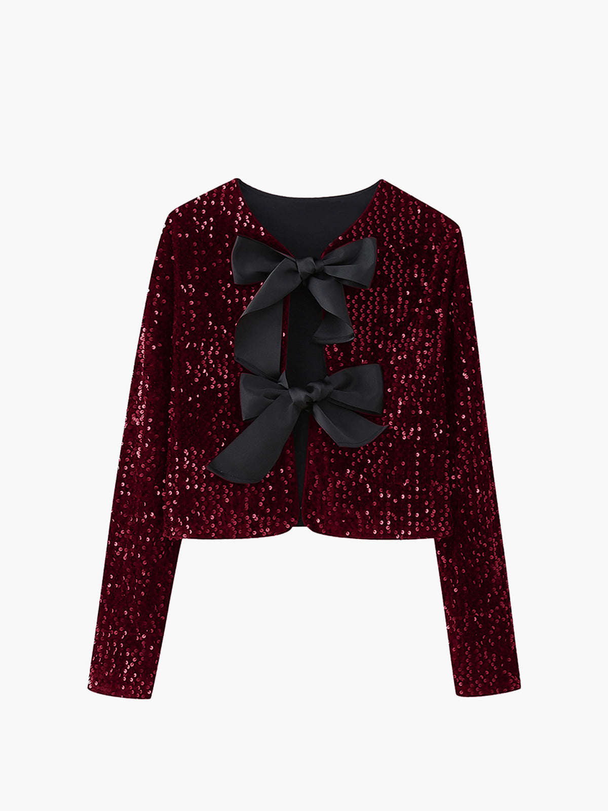 Women's black sequined velvet jacket with elegant bowknot detail, short glamorous party fit