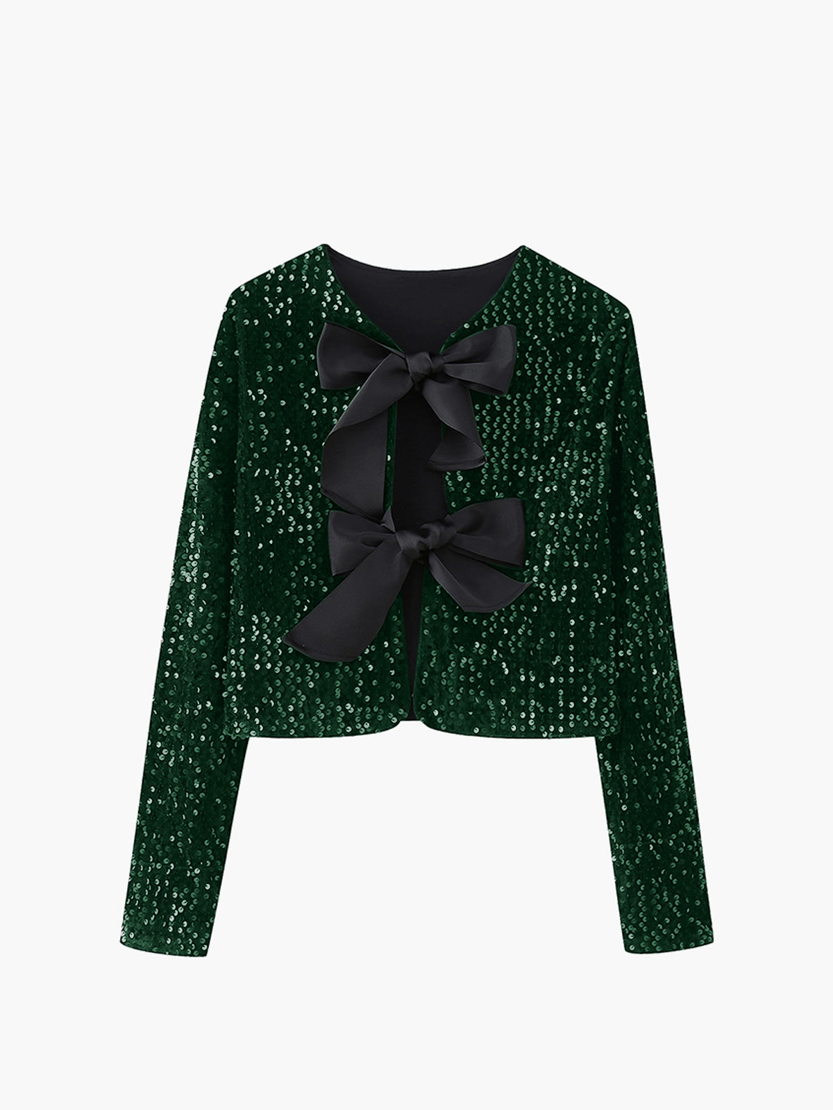 Women's black sequined velvet jacket with bowknot detail, slim elegant fit for party glamour