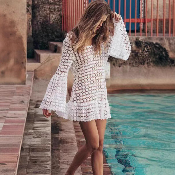 Ivory crochet flowy boho mini beach coverup dress with bell sleeves open-knit breathable design