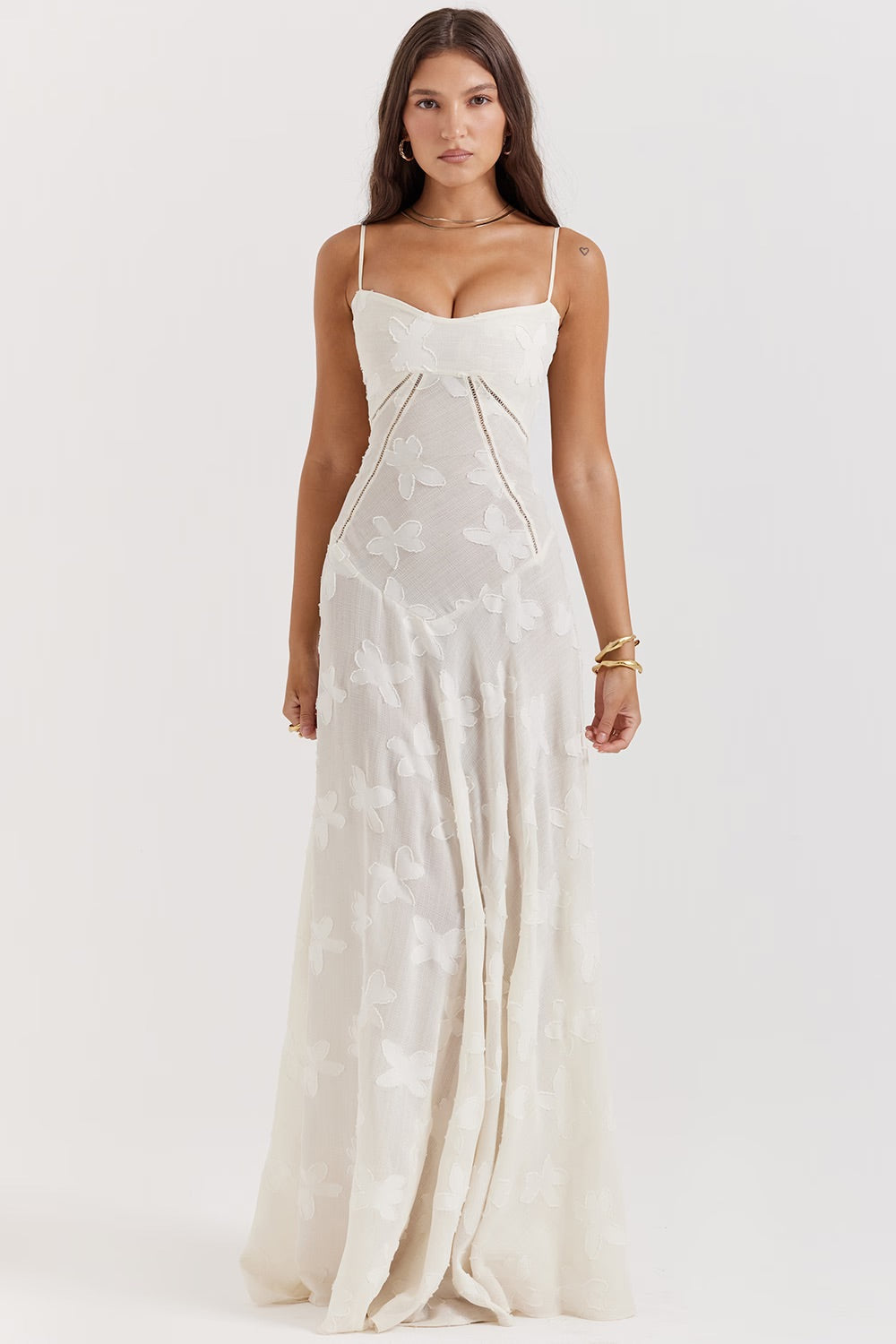 Soft pink lamé vintage evening gown with floral pattern, layered fabric, and built-in cups for glamorous wear